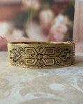 Victorian 10k Yellow Gold and Black Enamel Floral Taille D'Epargne Bangle Bracelet