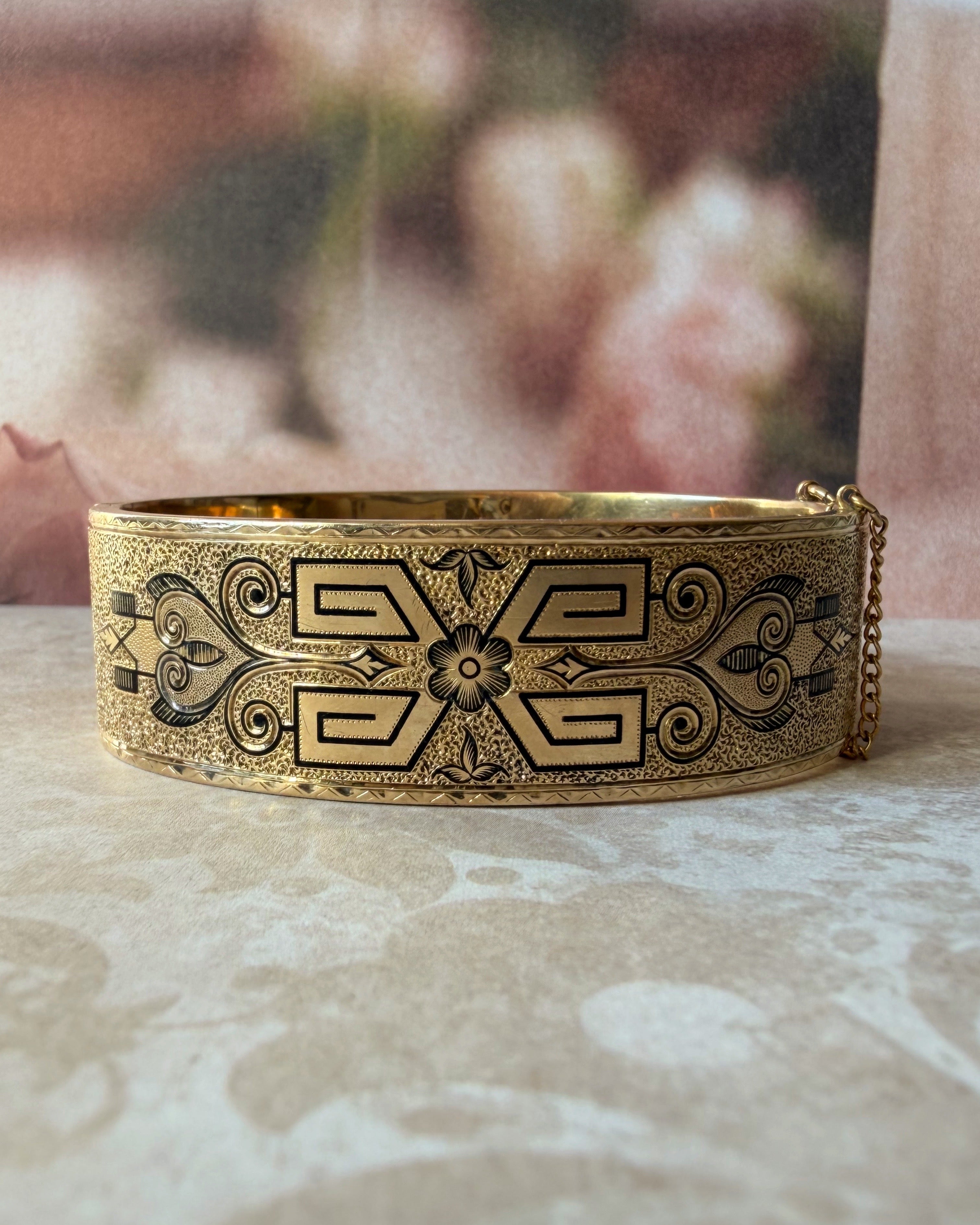 Victorian 10k Yellow Gold and Black Enamel Floral Taille D'Epargne Bangle Bracelet