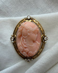 Edwardian 14k Yellow Gold, Coral, Diamond, and Pearl Cameo Pendant Brooch