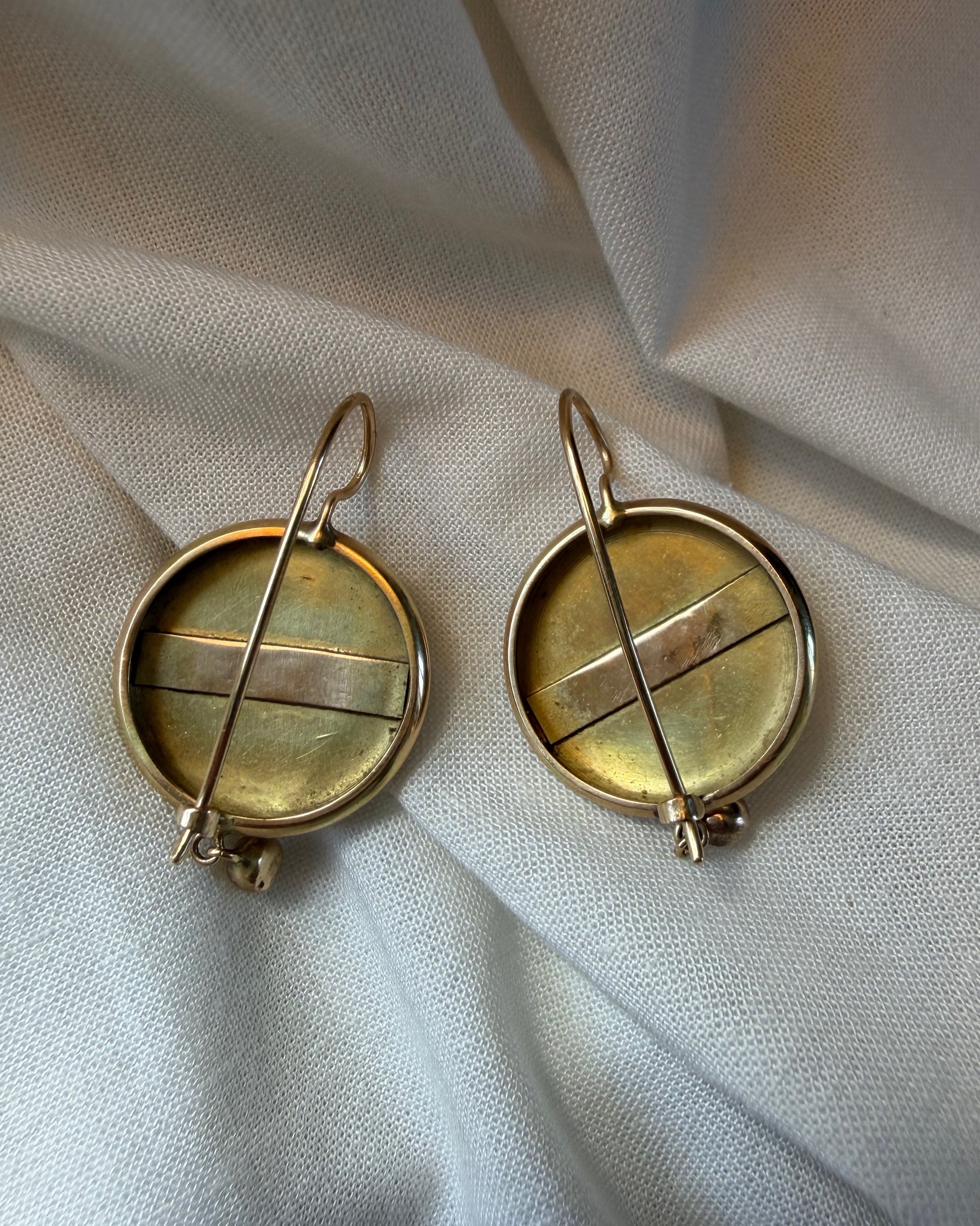 Pair of Victorian 14k Yellow Gold and Black Enamel Drop Earrings