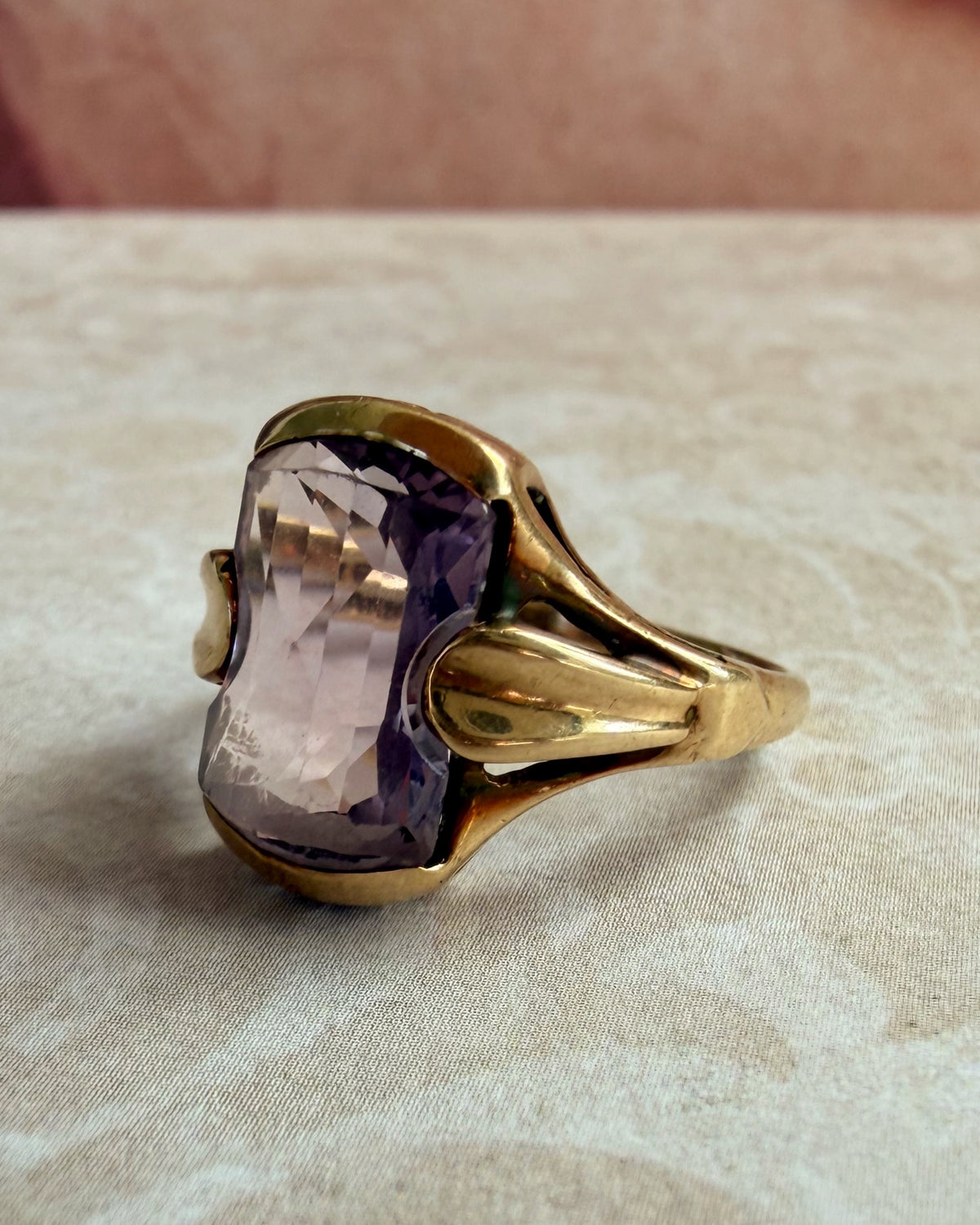 Retro 10k Yellow Gold and Rose de France Amethyst Ring