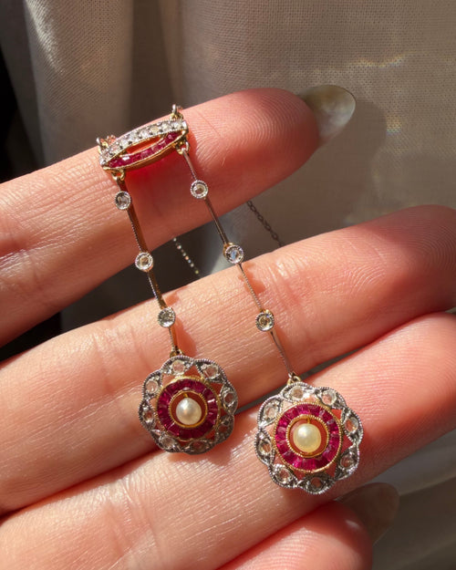 Edwardian Platinum, 18k Gold, Diamond, Ruby, and Pearl Target Neglige Necklace