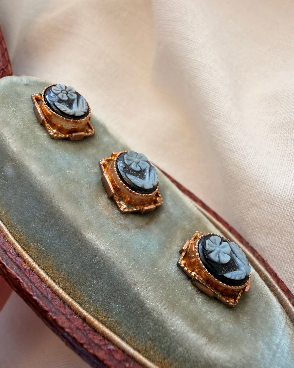 Antique Bigelow, Kennard & Co. 10k Gold Sardonyx Forget-Me-Not Buttons with Original Box