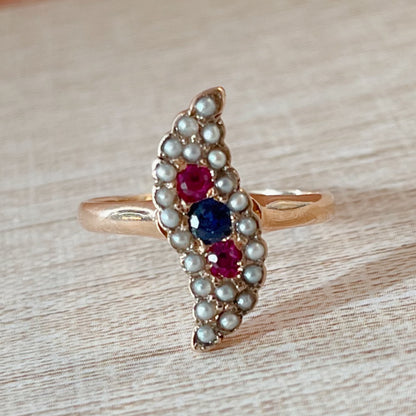Edwardian 10k Rose Gold Sapphire, Ruby, and Pearl Ring