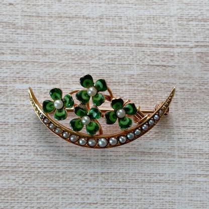 Krementz Art Nouveau 14k Gold Pearl and Enamel Clover Crescent Moon Pendant/Brooch