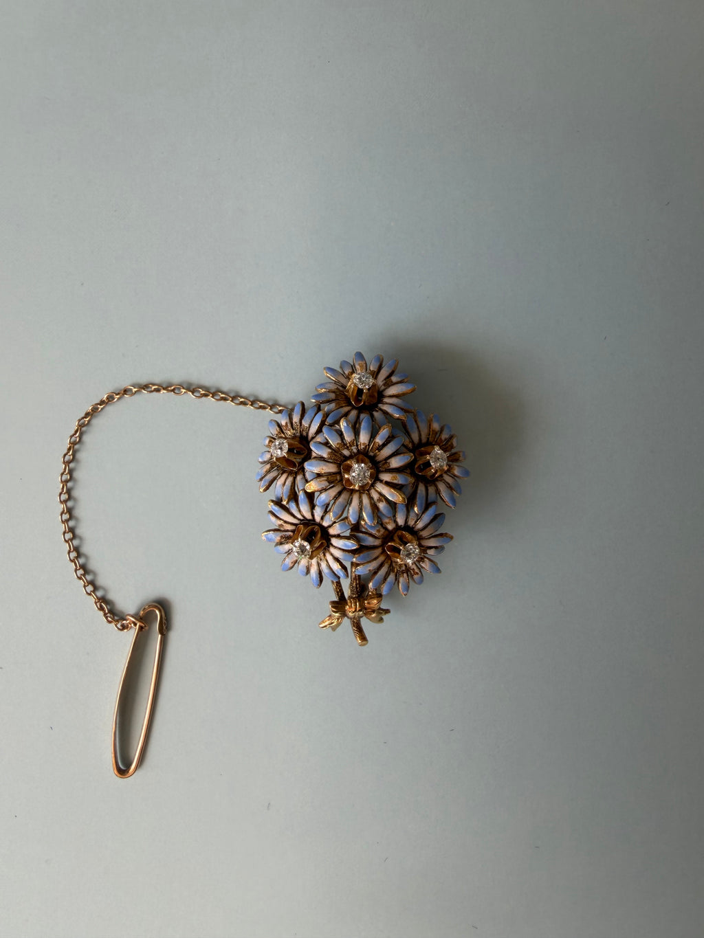 Victorian 14k Yellow Gold, Old Mine Cut Diamond, and Enamel Floral Bouquet Brooch