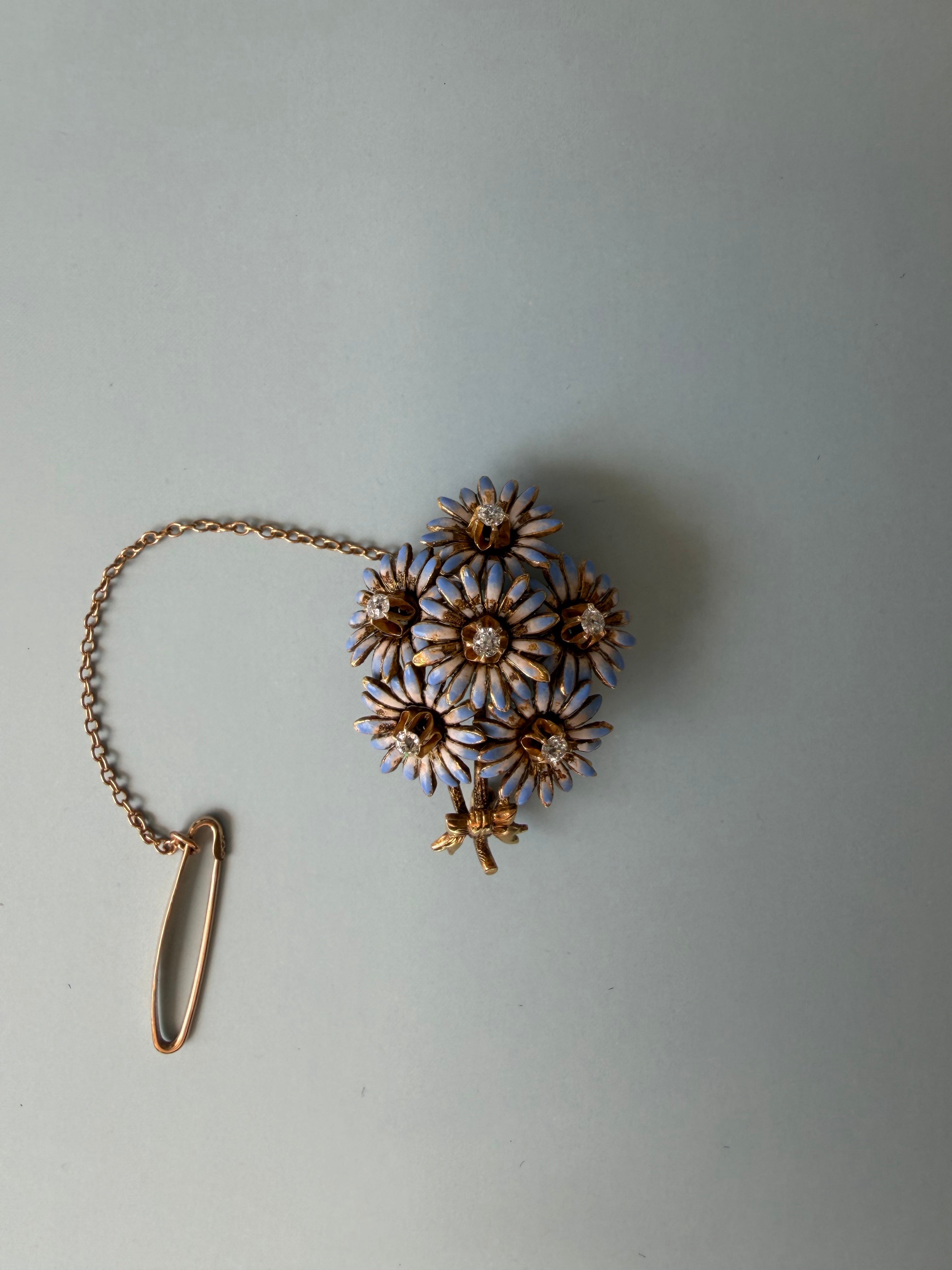 Victorian 14k Yellow Gold, Old Mine Cut Diamond, and Enamel Floral Bouquet Brooch