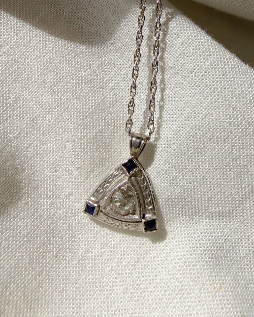 Art Deco 14k White Gold, Diamond, and Synthetic Sapphire Pendant Necklace