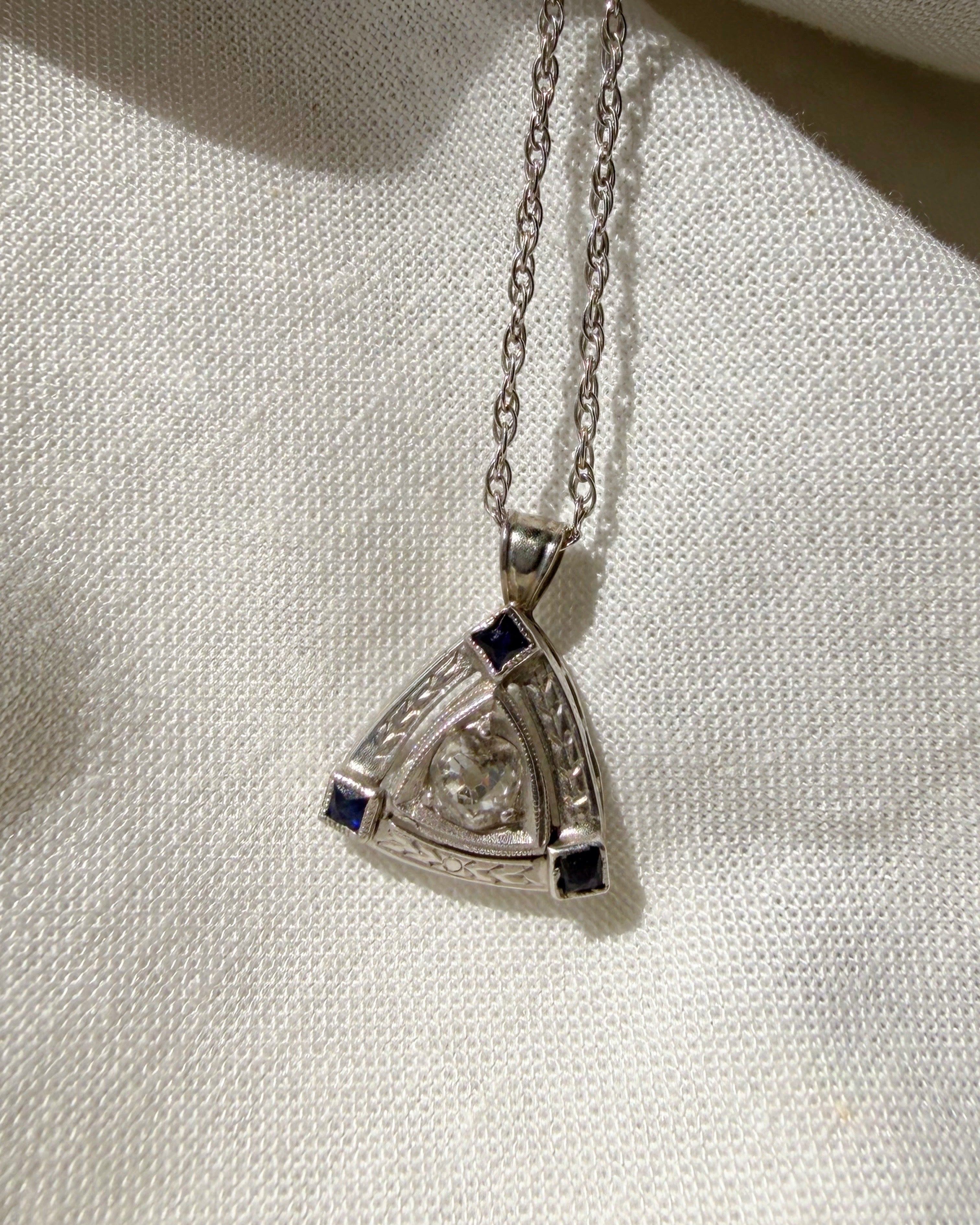 Art Deco 14k White Gold, Diamond, and Synthetic Sapphire Pendant Necklace