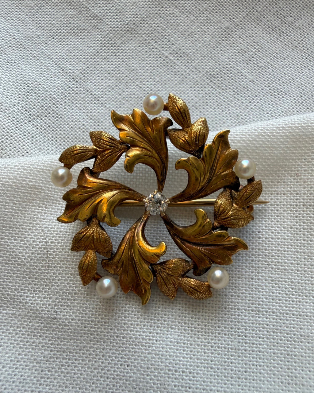 Art Nouveau 14k Yellow Gold, Diamond, and Pearl Floral Leaf Brooch