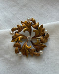 Art Nouveau 14k Yellow Gold, Diamond, and Pearl Floral Leaf Brooch