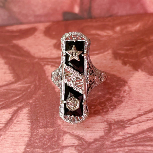Art Deco 14k White Gold, Onyx, and Diamond Order of Eastern Star Masonic Filigree Ring