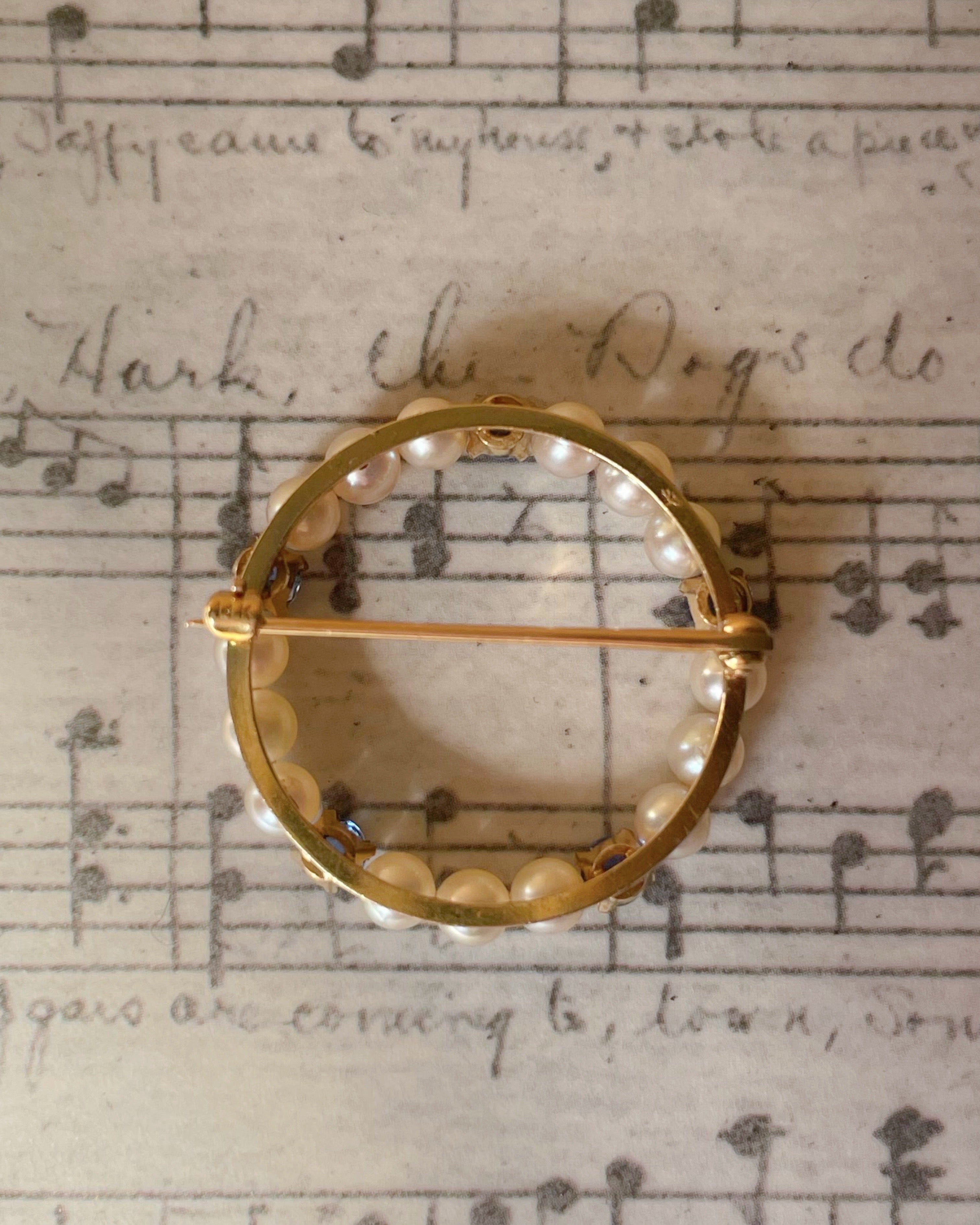 Vintage 14k Yellow Gold, Sapphire, and Pearl Wreath Circle Brooch