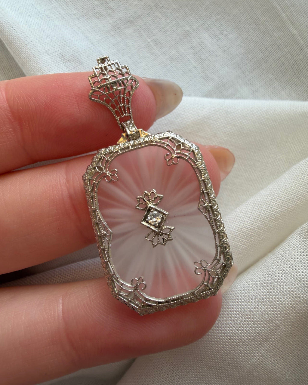 Art Deco 14k White Gold, Carved Crystal, and Diamond Filigree Pendant