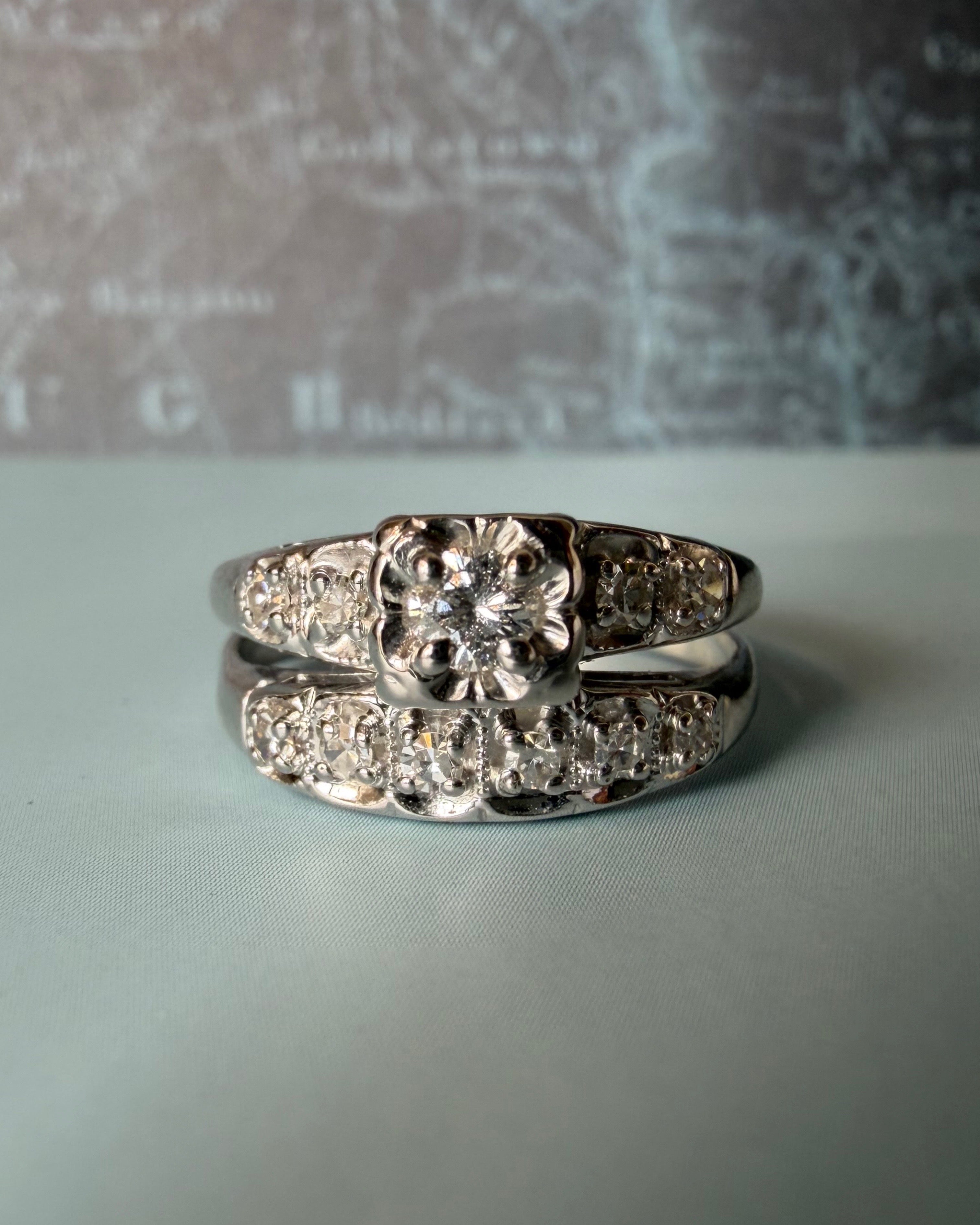 Mid-Century 14k White Gold and Diamond Illusion Wedding Ring Set