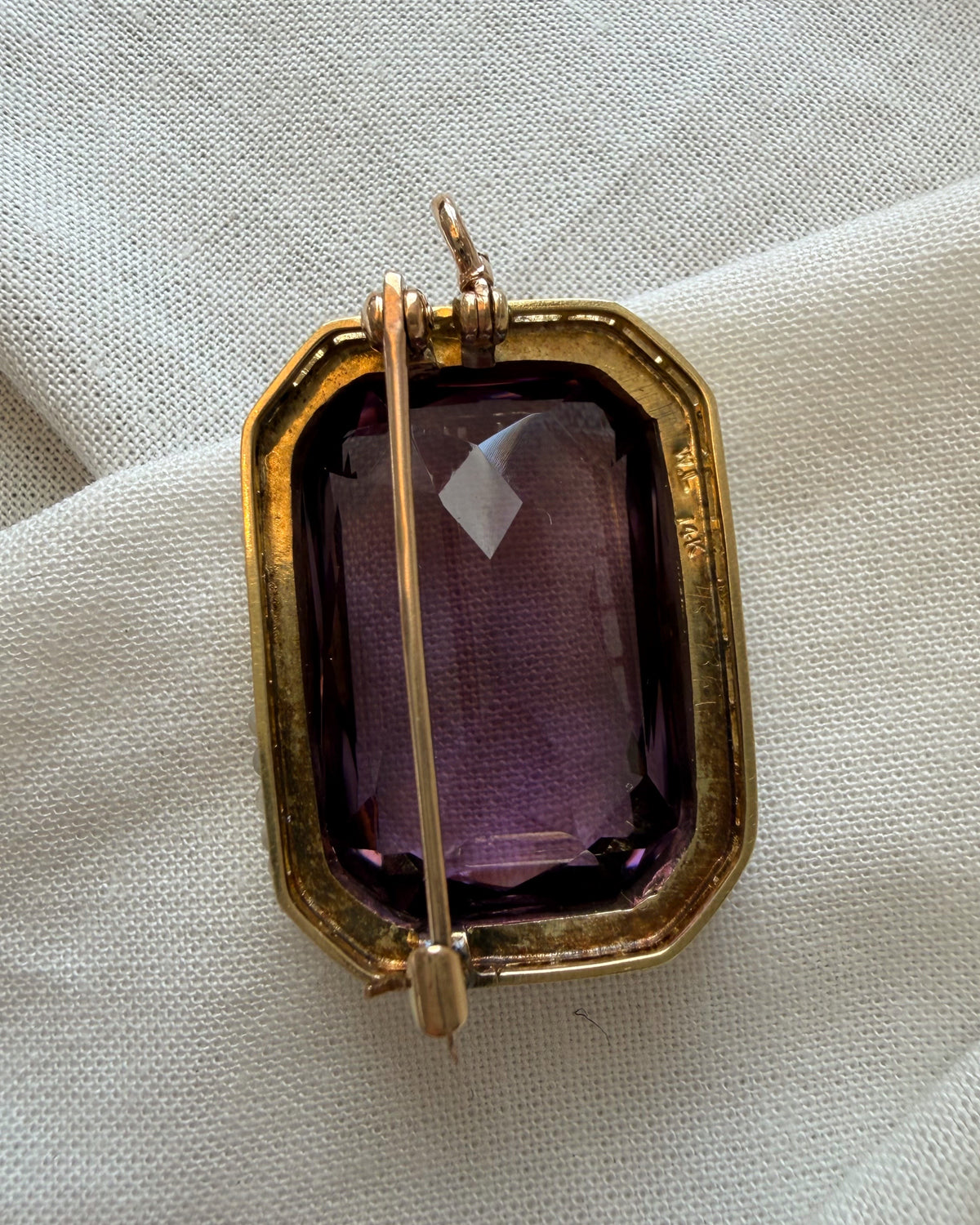 Art Deco Walter Lampl 14k Yellow Gold, Amethyst, Seed Pearl, and Enamel Pendant Brooch