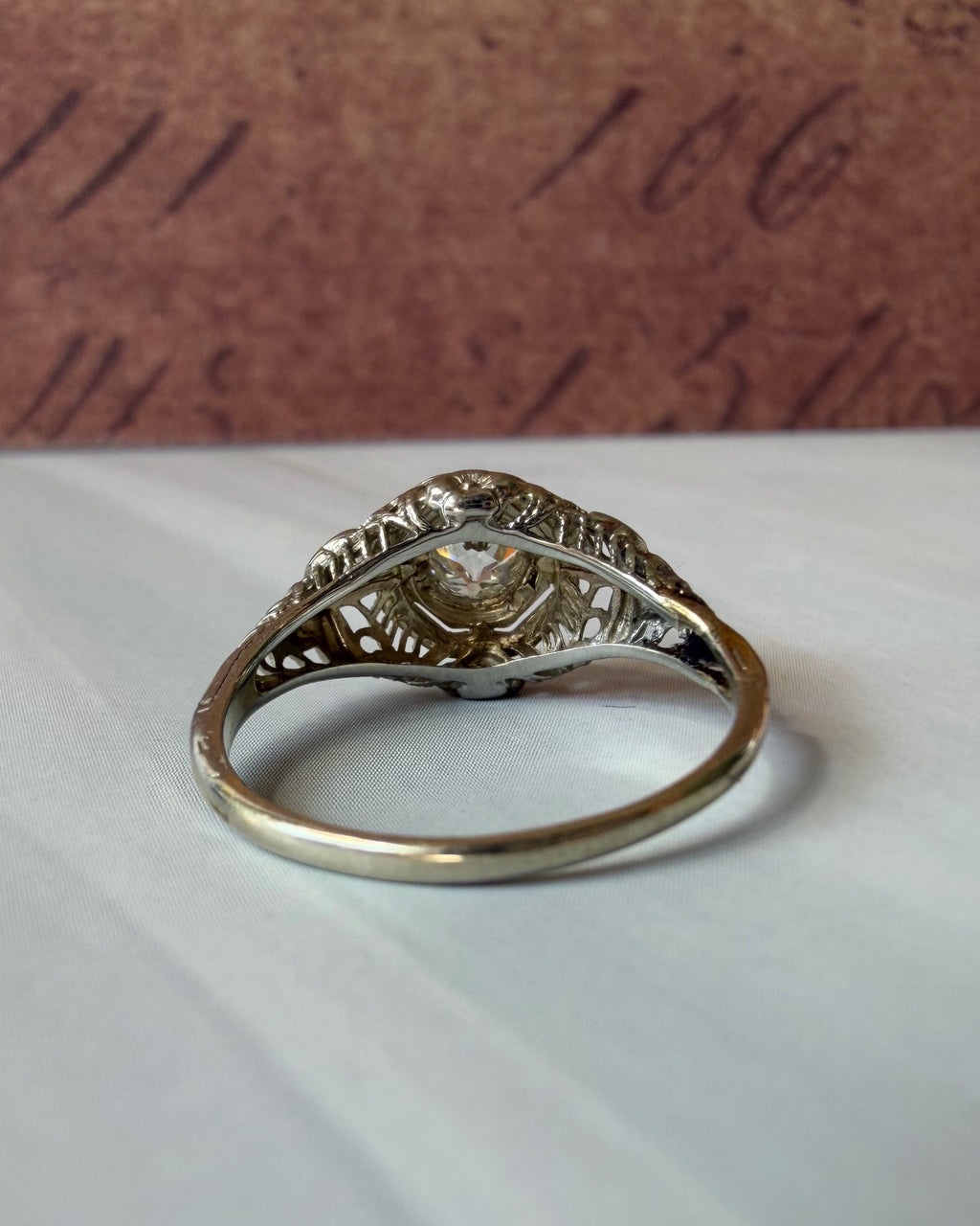 Art Deco 14k White Gold and Old European Cut Diamond Filigree Ring