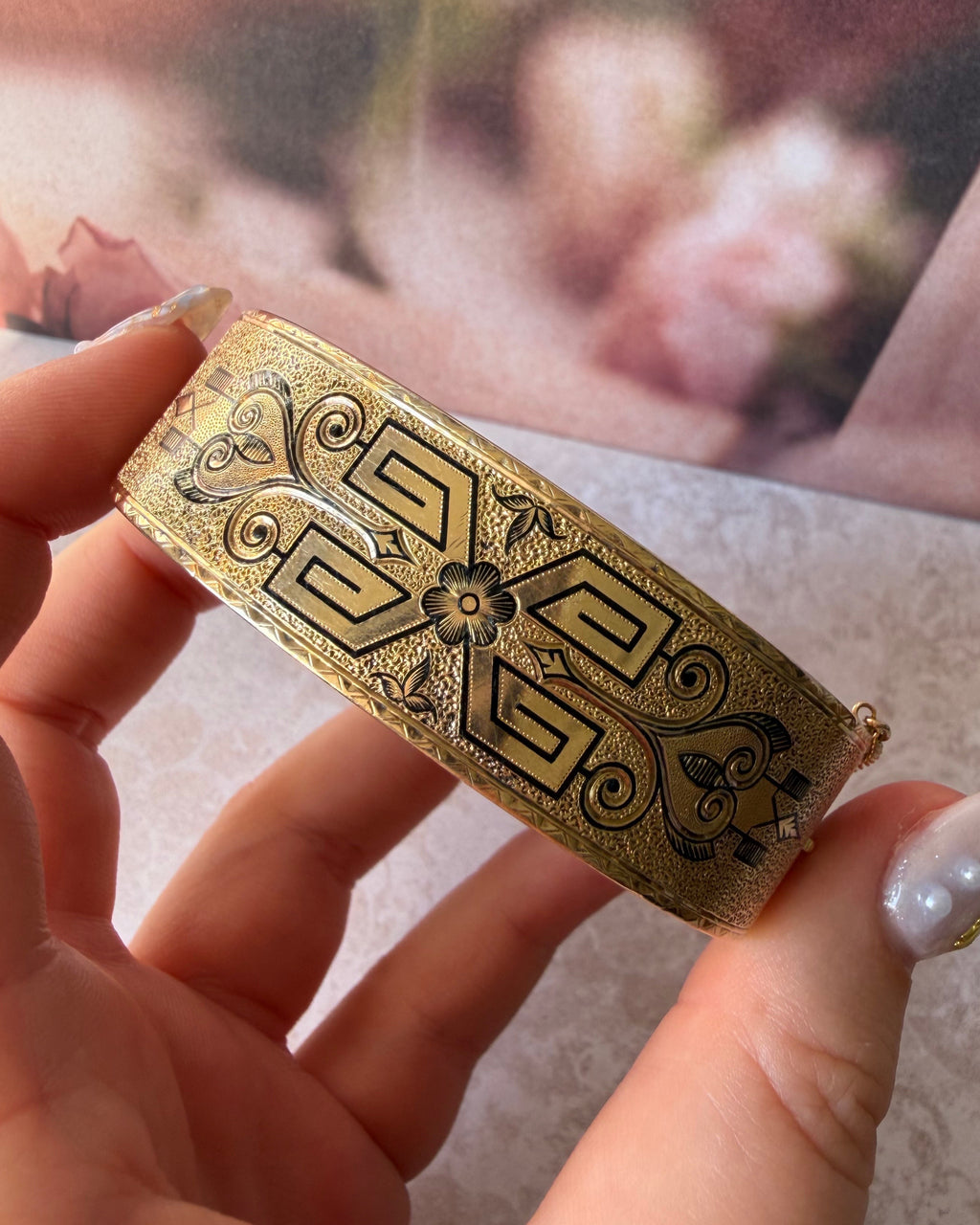 Victorian 10k Yellow Gold and Black Enamel Floral Taille D'Epargne Bangle Bracelet