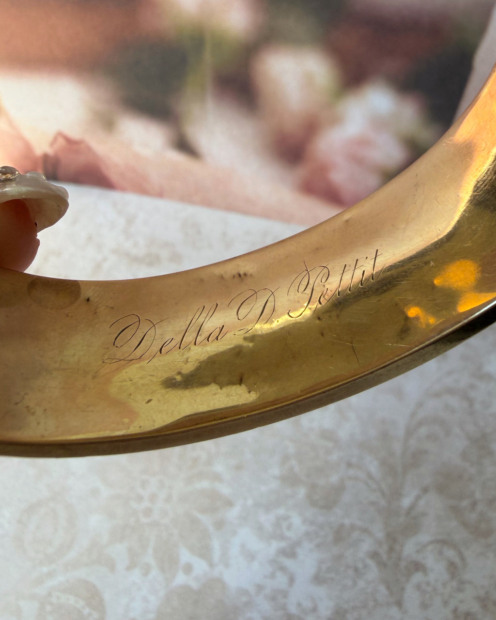 Victorian 10k Yellow Gold and Black Enamel Floral Taille D'Epargne Bangle Bracelet