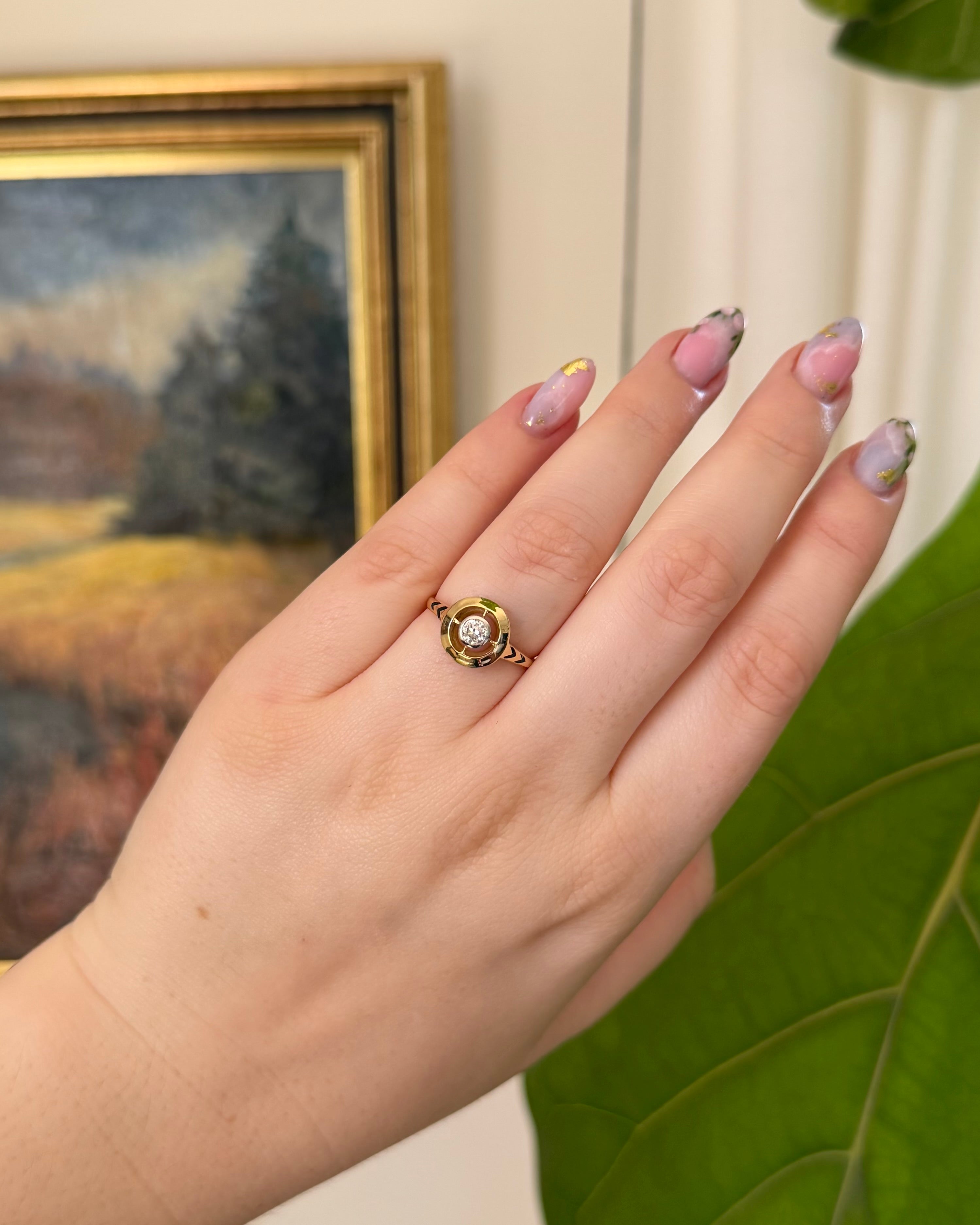 Art Deco 14k Yellow Gold, Old European Cut Diamond, and Enamel Target Ring