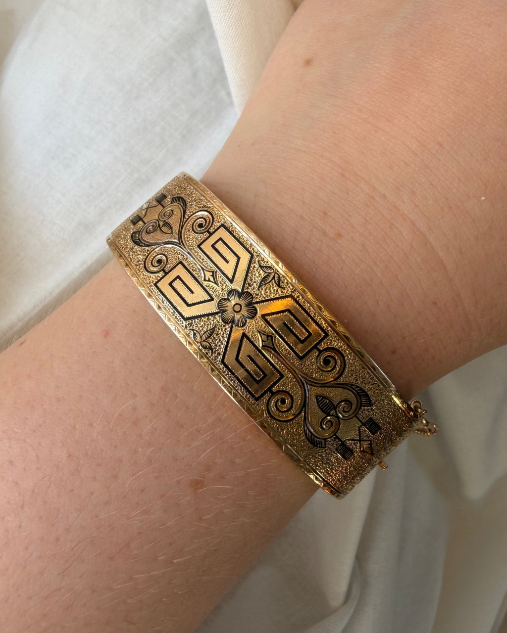 Victorian 10k Yellow Gold and Black Enamel Floral Taille D'Epargne Bangle Bracelet