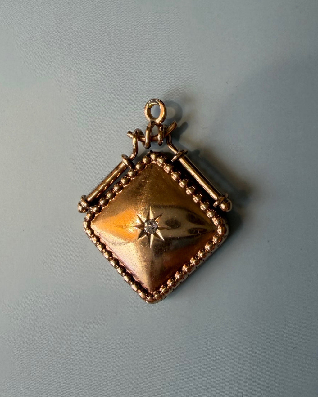 Victorian 10k Rose Gold and Old Mine Cut Diamond Star Square Locket Pendant