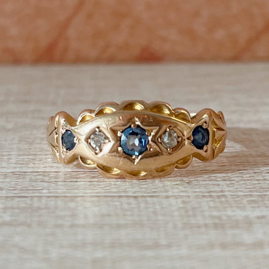 Victorian 18k Yellow Gold, Sapphire, and Diamond Five Stone Ring