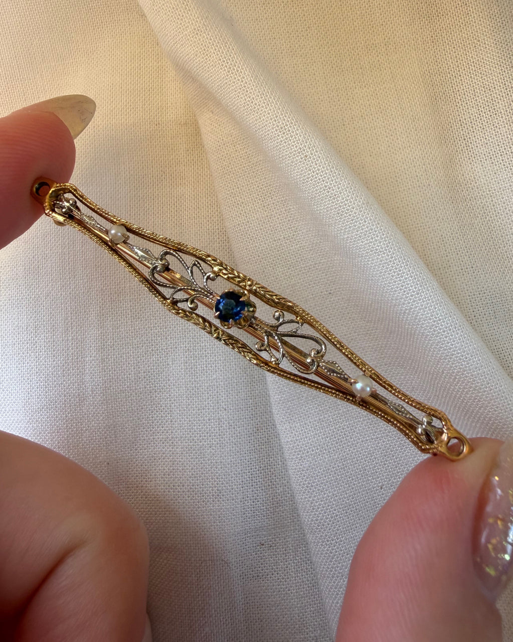 Edwardian Ostby & Barton 14k Two Tone Gold, Sapphire, and Pearl Filigree Bar Brooch