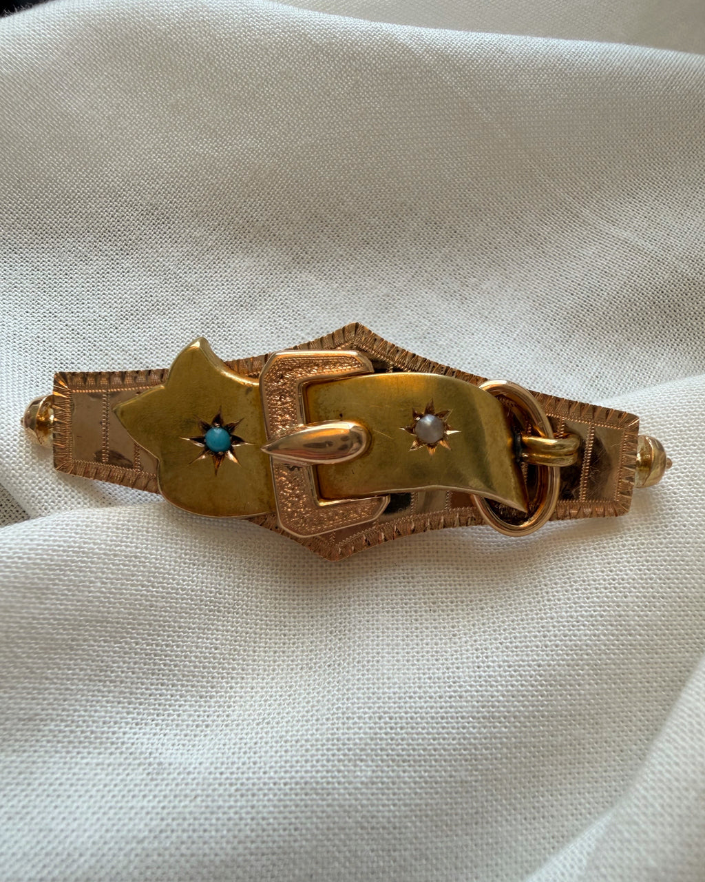 Victorian 14k Bloomed Two-Tone Gold, Turquoise, and Pearl Buckle Brooch