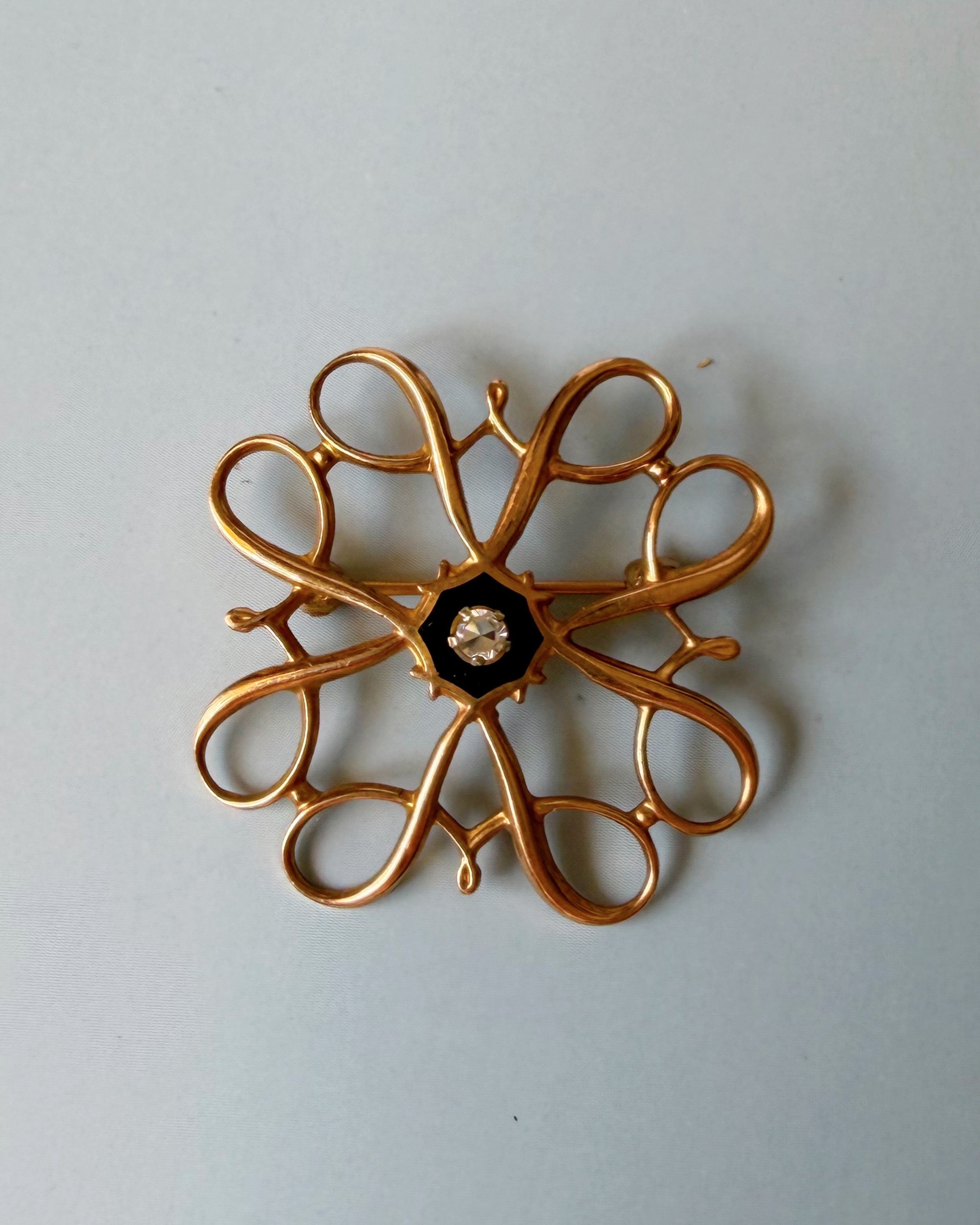 Vintage Robbins Company Avon 10k Yellow Gold, White Sapphire, and Black Enamel Brooch