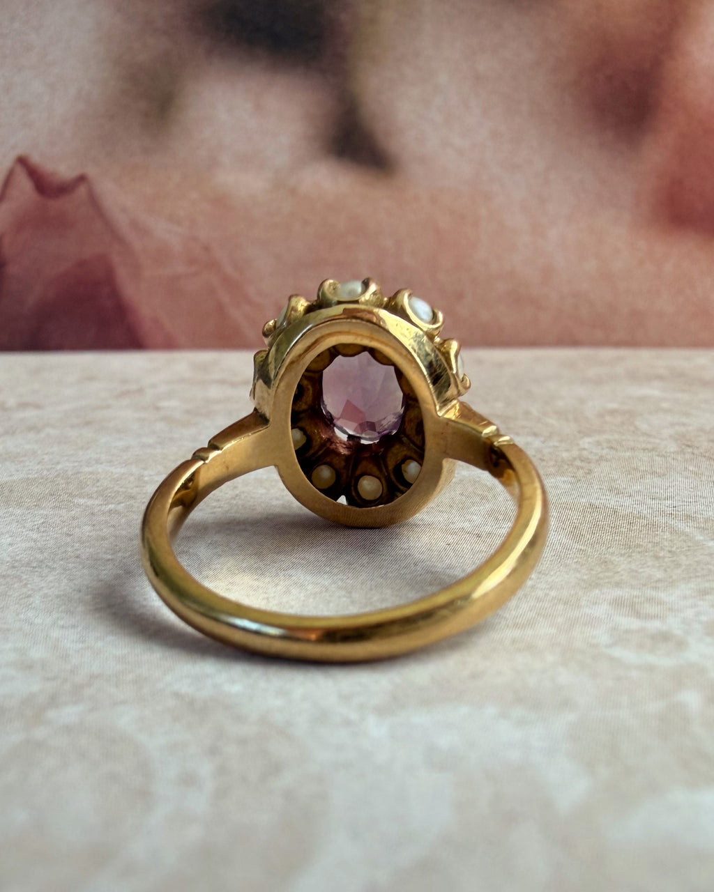 Mid-Century Birks 10k Yellow Gold Synthetic Color Change Sapphire and Pearl Cluster Ring
