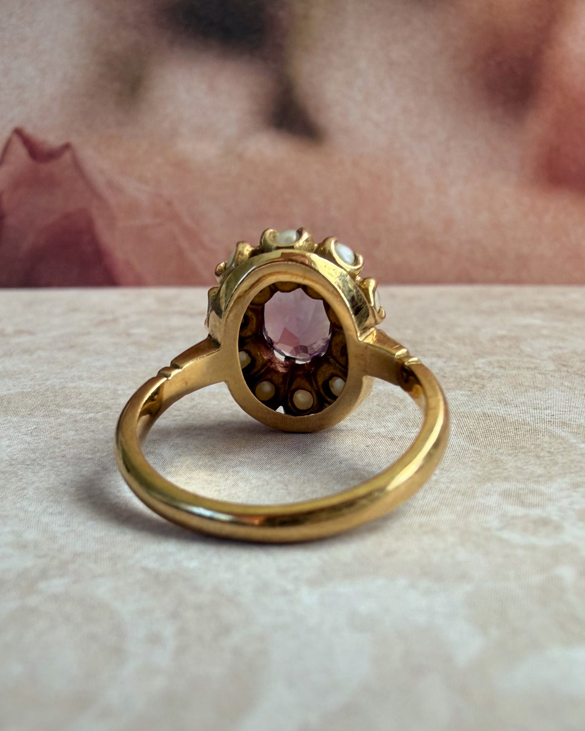 Mid-Century Birks 10k Yellow Gold Synthetic Color Change Sapphire and Pearl Cluster Ring