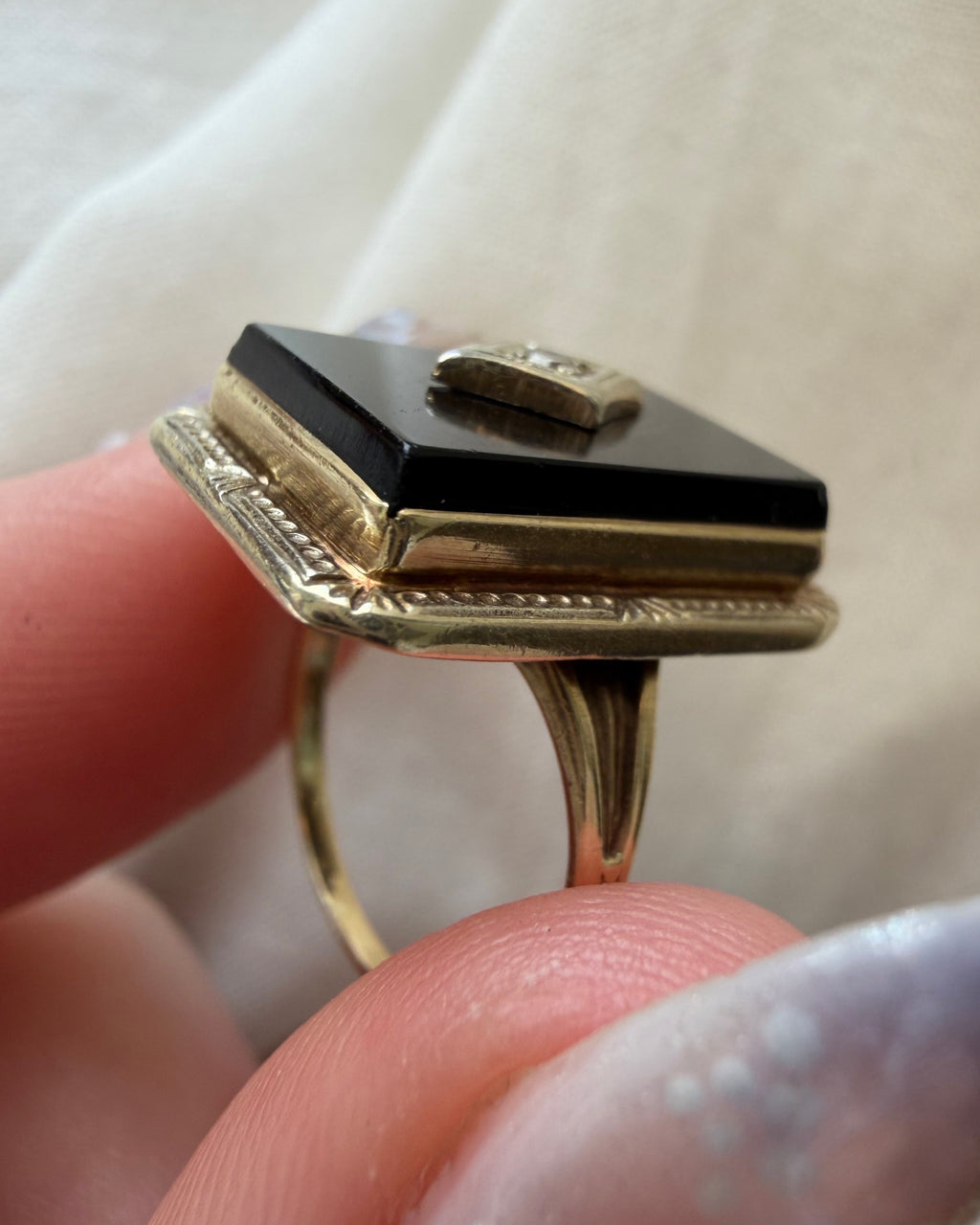 Art Deco 10k Yellow Gold, Onyx, and Diamond Ring