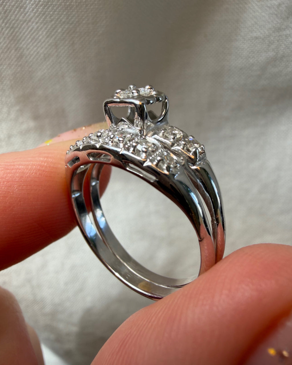 Mid-Century 14k White Gold and Diamond Illusion Wedding Ring Set