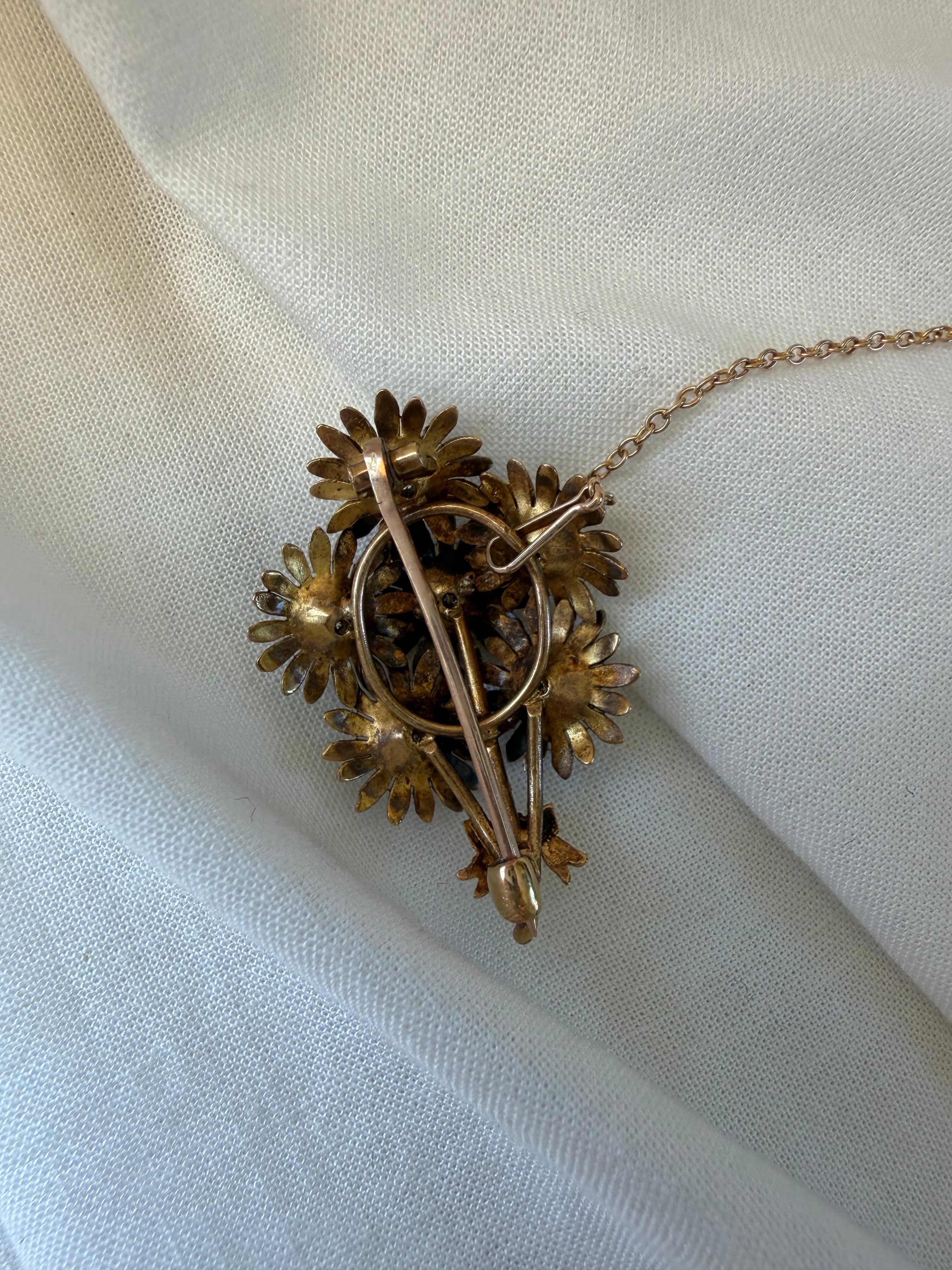 Victorian 14k Yellow Gold, Old Mine Cut Diamond, and Enamel Floral Bouquet Brooch
