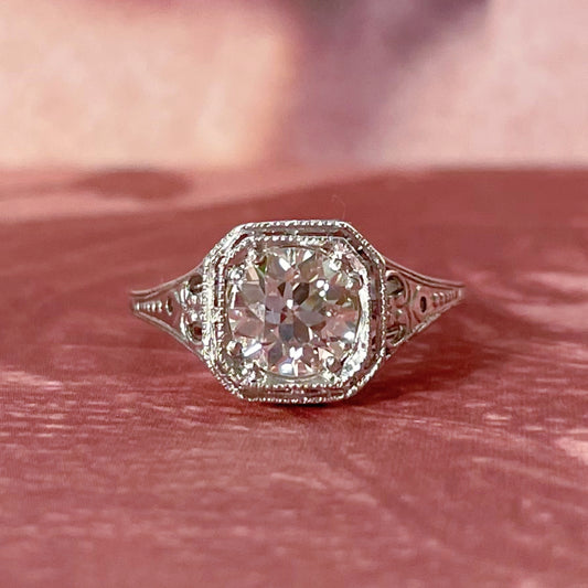 Art Deco Platinum GIA 0.89 Carat Diamond Filigree Ring