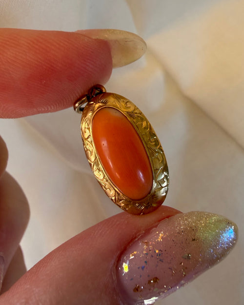 Victorian 14k Yellow Gold and Coral Charm Pendant