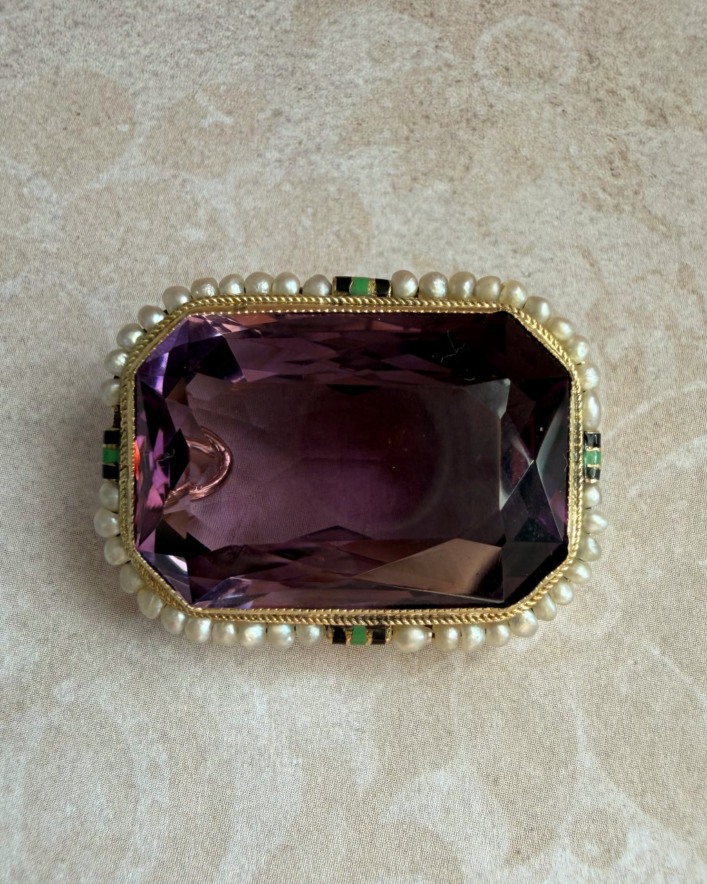 Art Deco Walter Lampl 14k Yellow Gold, Amethyst, Seed Pearl, and Enamel Pendant Brooch