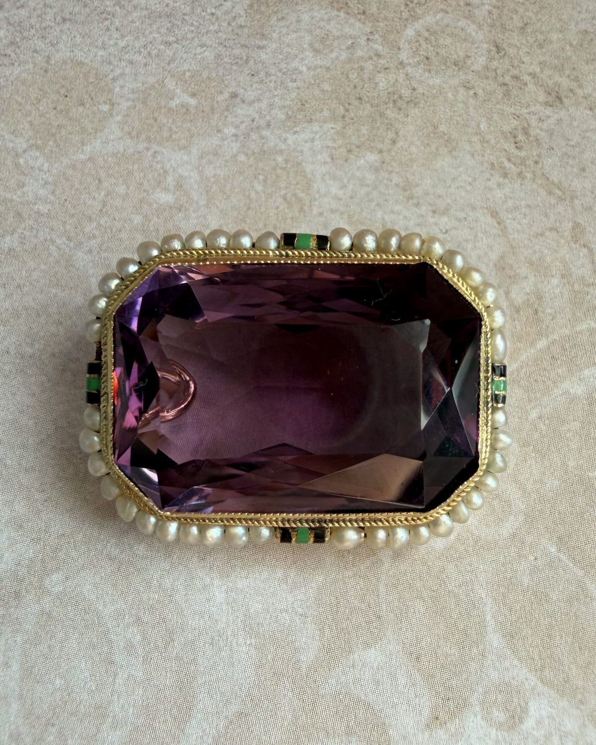 Art Deco Walter Lampl 14k Yellow Gold, Amethyst, Seed Pearl, and Enamel Pendant Brooch
