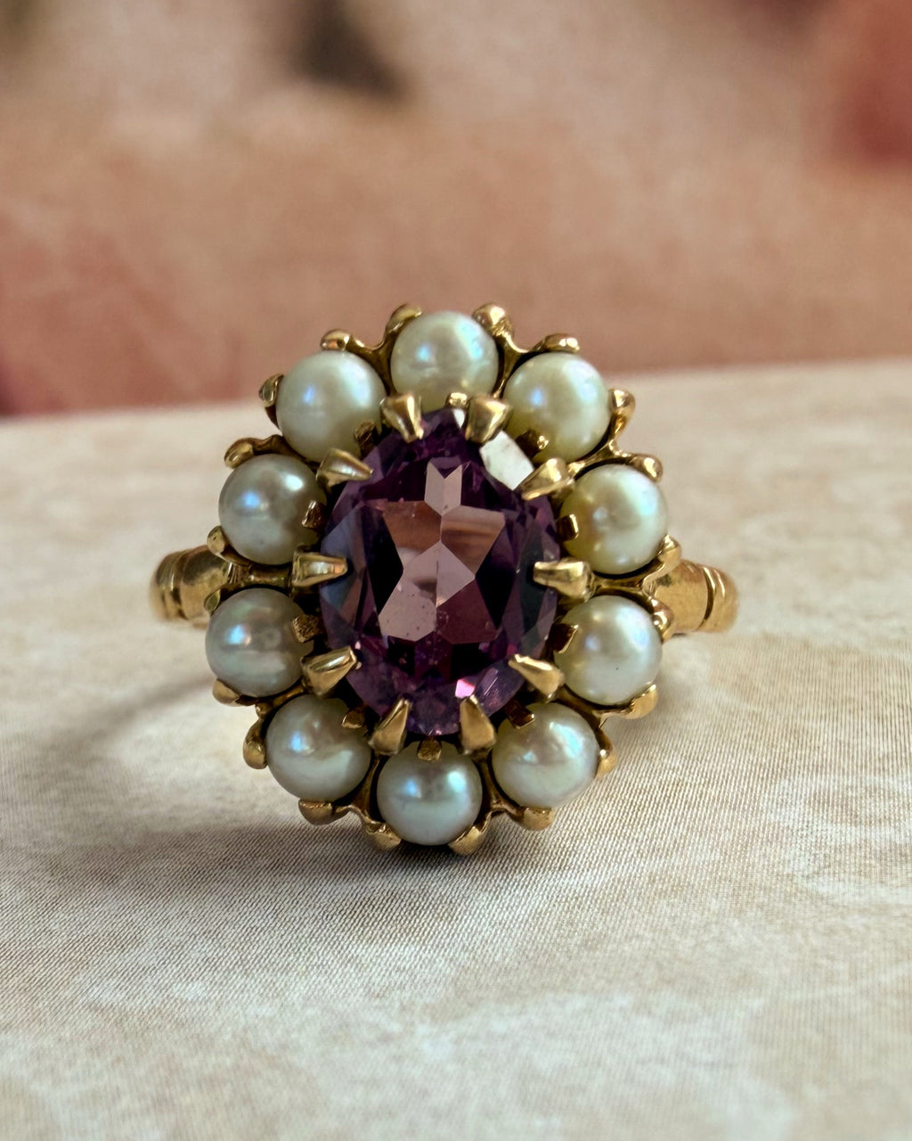 Mid-Century Birks 10k Yellow Gold Synthetic Color Change Sapphire and Pearl Cluster Ring