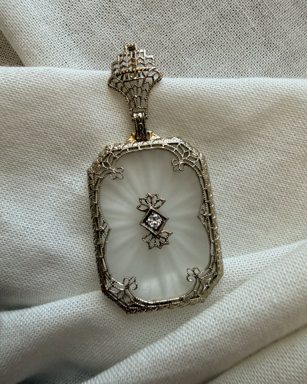 Art Deco 14k White Gold, Carved Crystal, and Diamond Filigree Pendant