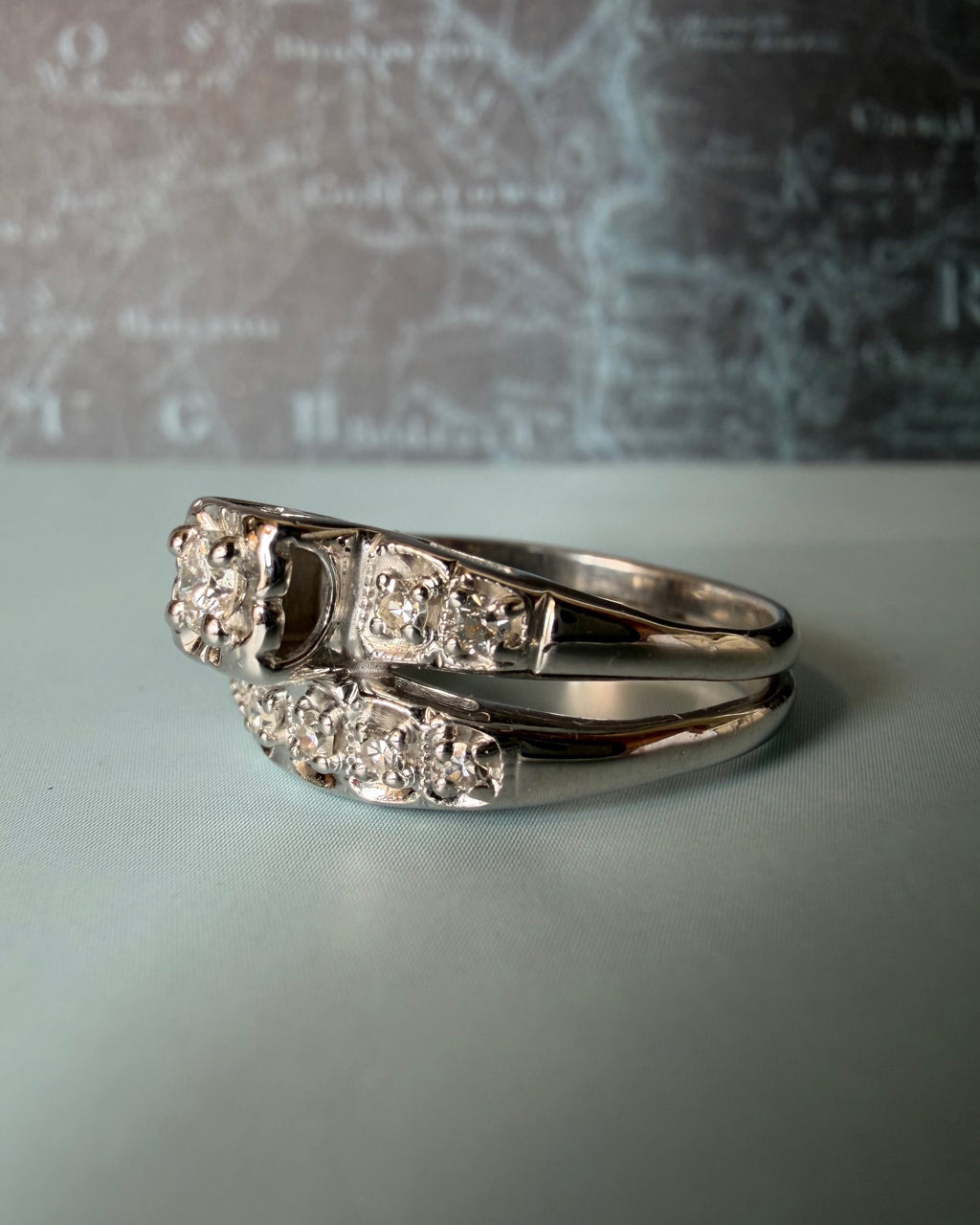 Mid-Century 14k White Gold and Diamond Illusion Wedding Ring Set