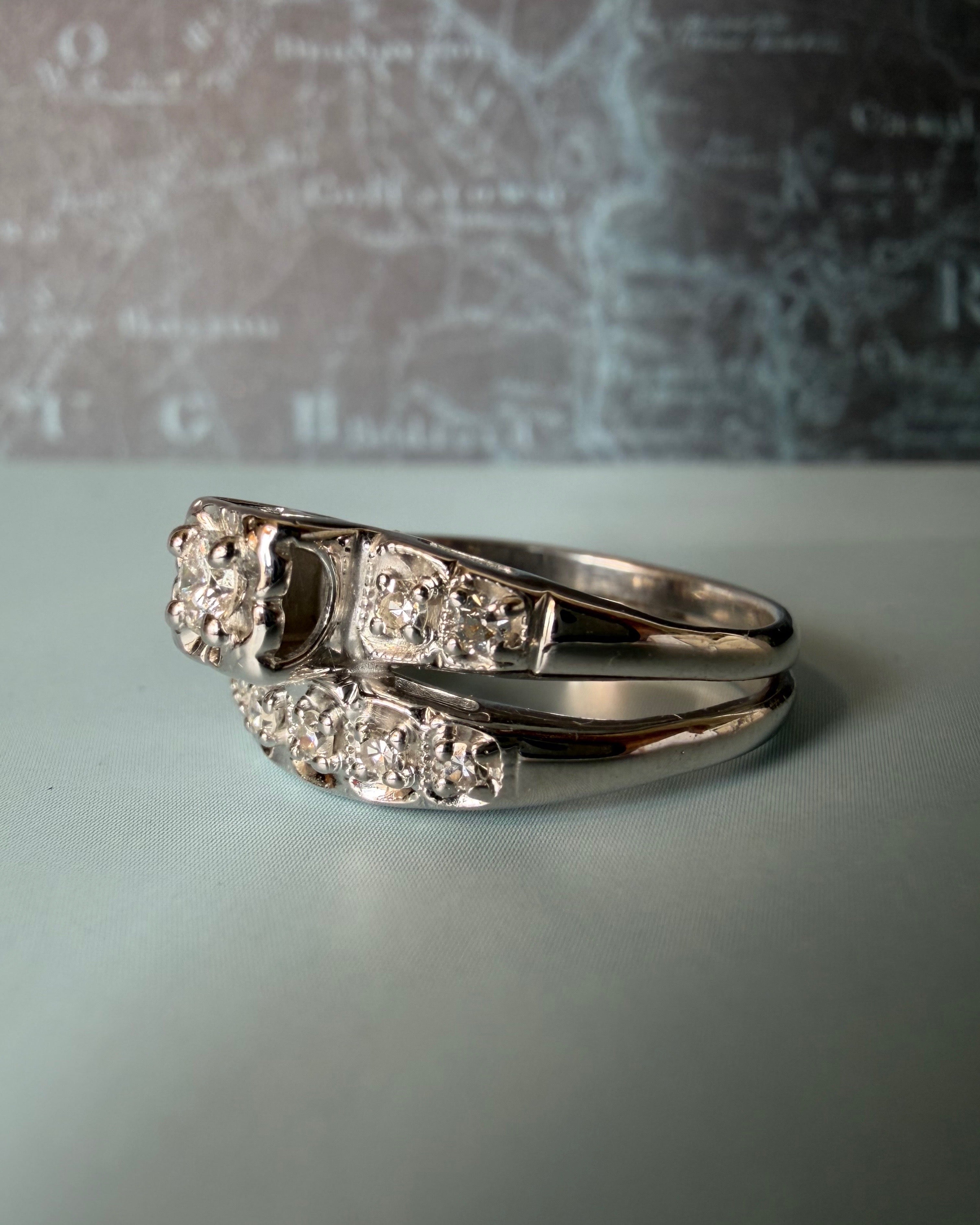 Mid-Century 14k White Gold and Diamond Illusion Wedding Ring Set
