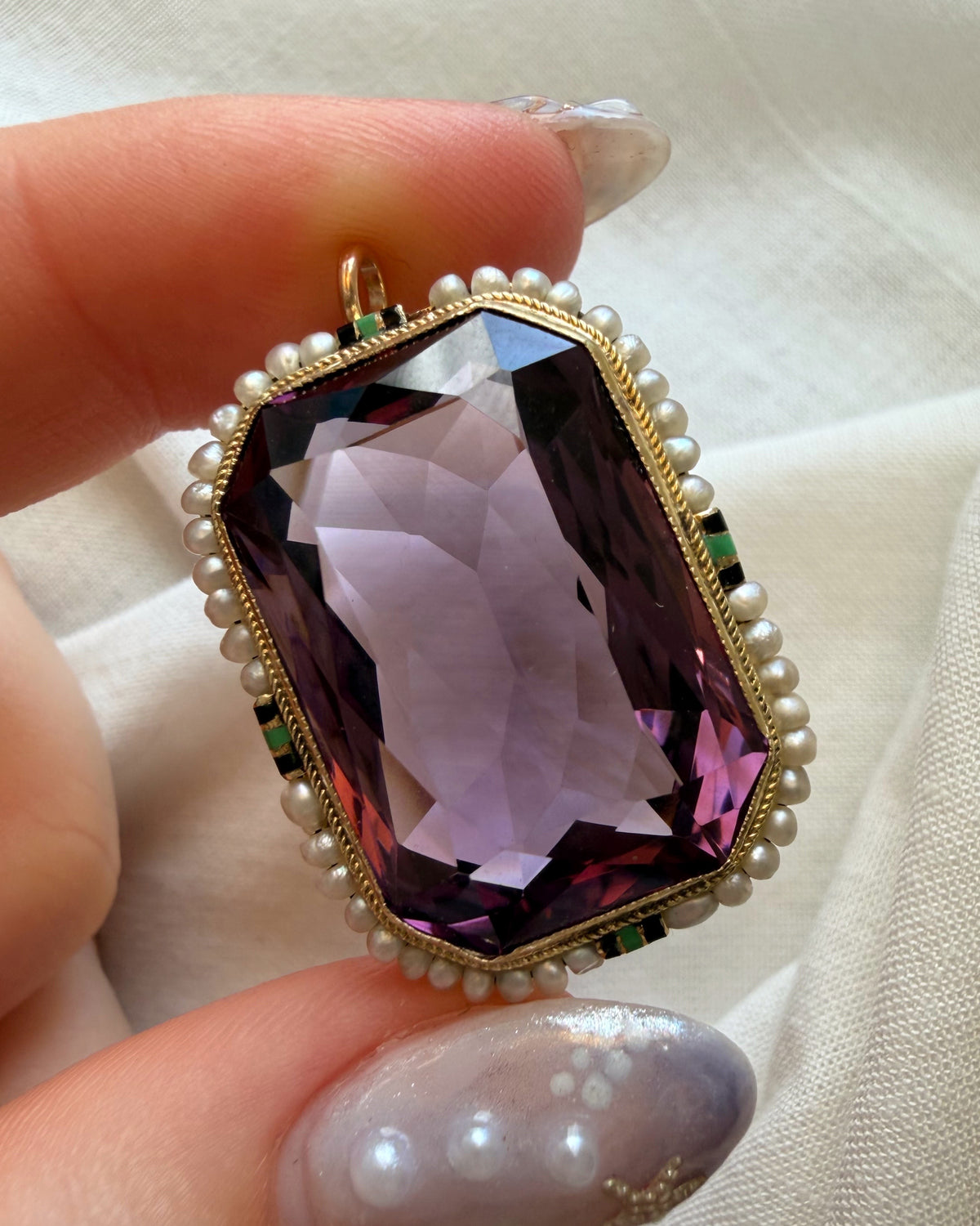 Art Deco Walter Lampl 14k Yellow Gold, Amethyst, Seed Pearl, and Enamel Pendant Brooch