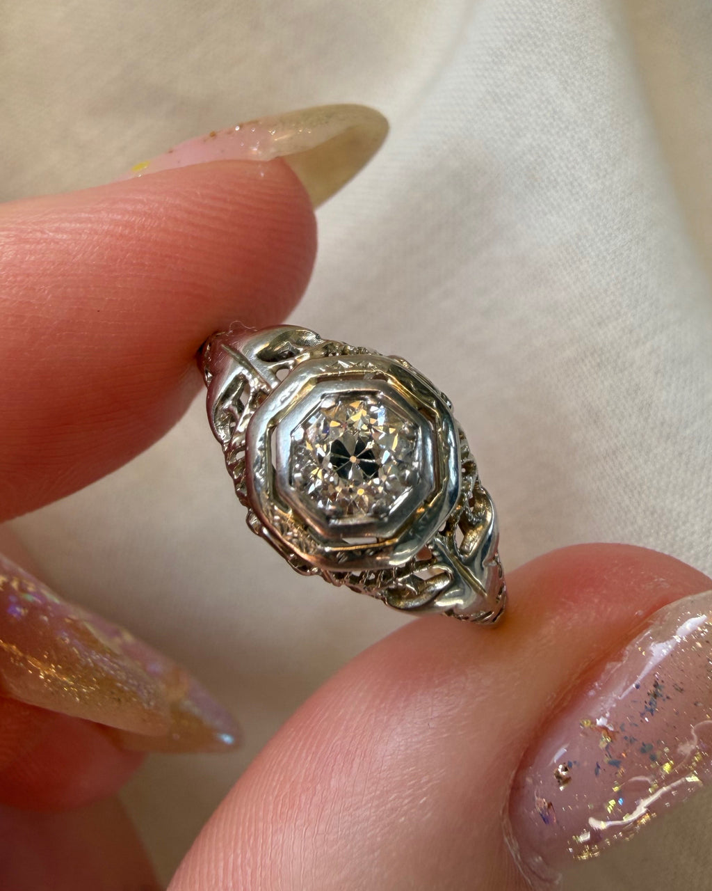 Art Deco 14k White Gold and Old European Cut Diamond Filigree Ring