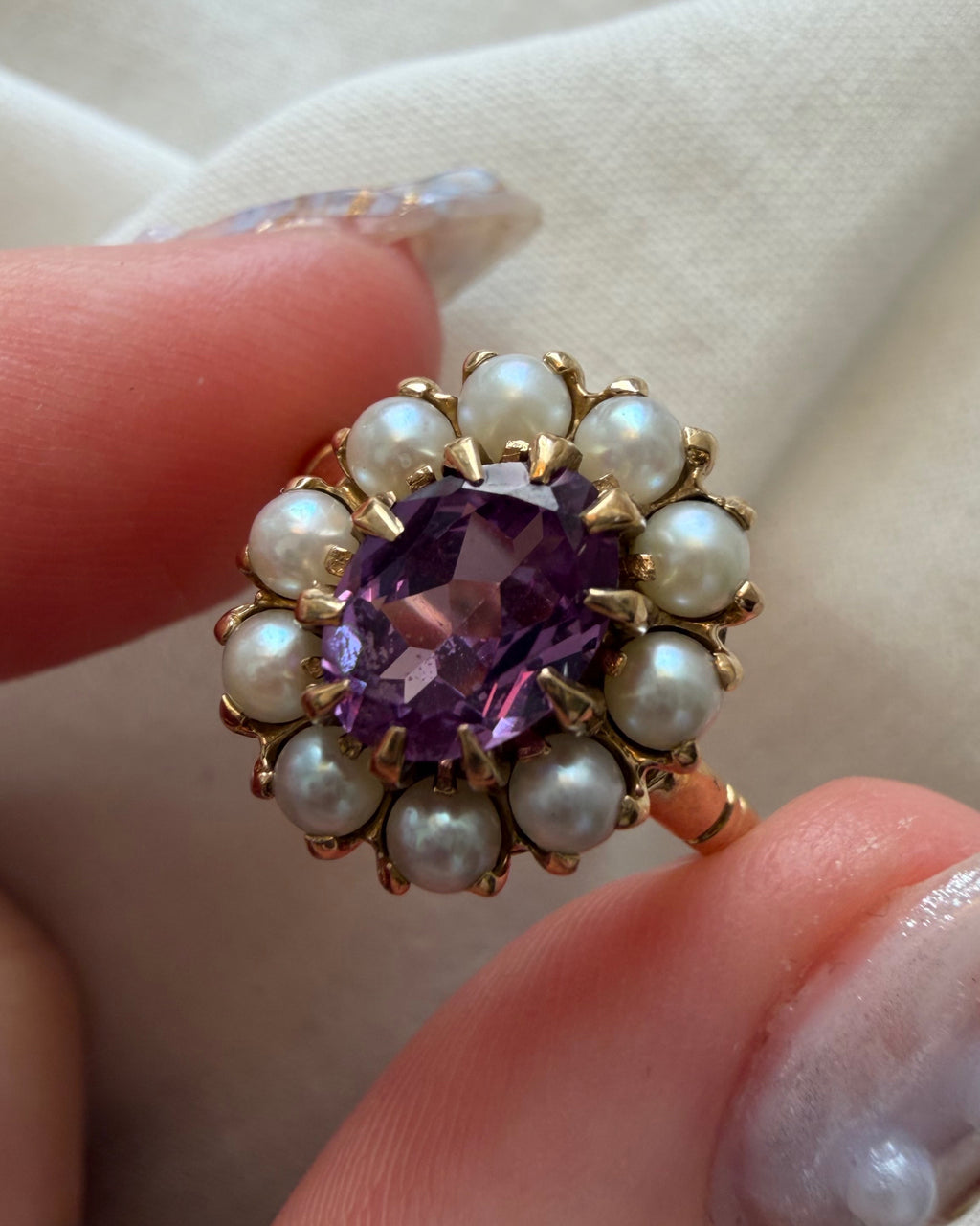 Mid-Century Birks 10k Yellow Gold Synthetic Color Change Sapphire and Pearl Cluster Ring