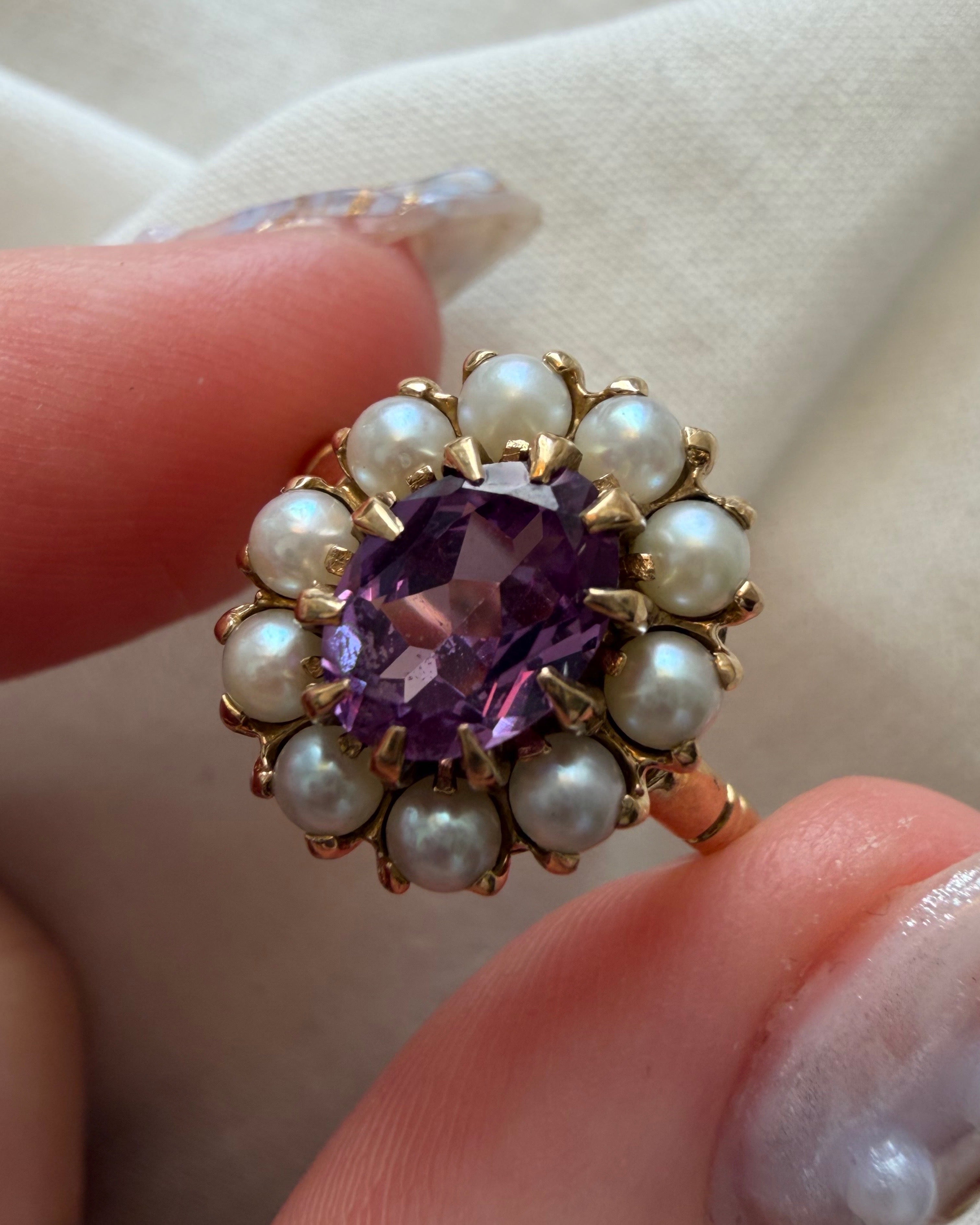 Mid-Century Birks 10k Yellow Gold Synthetic Color Change Sapphire and Pearl Cluster Ring