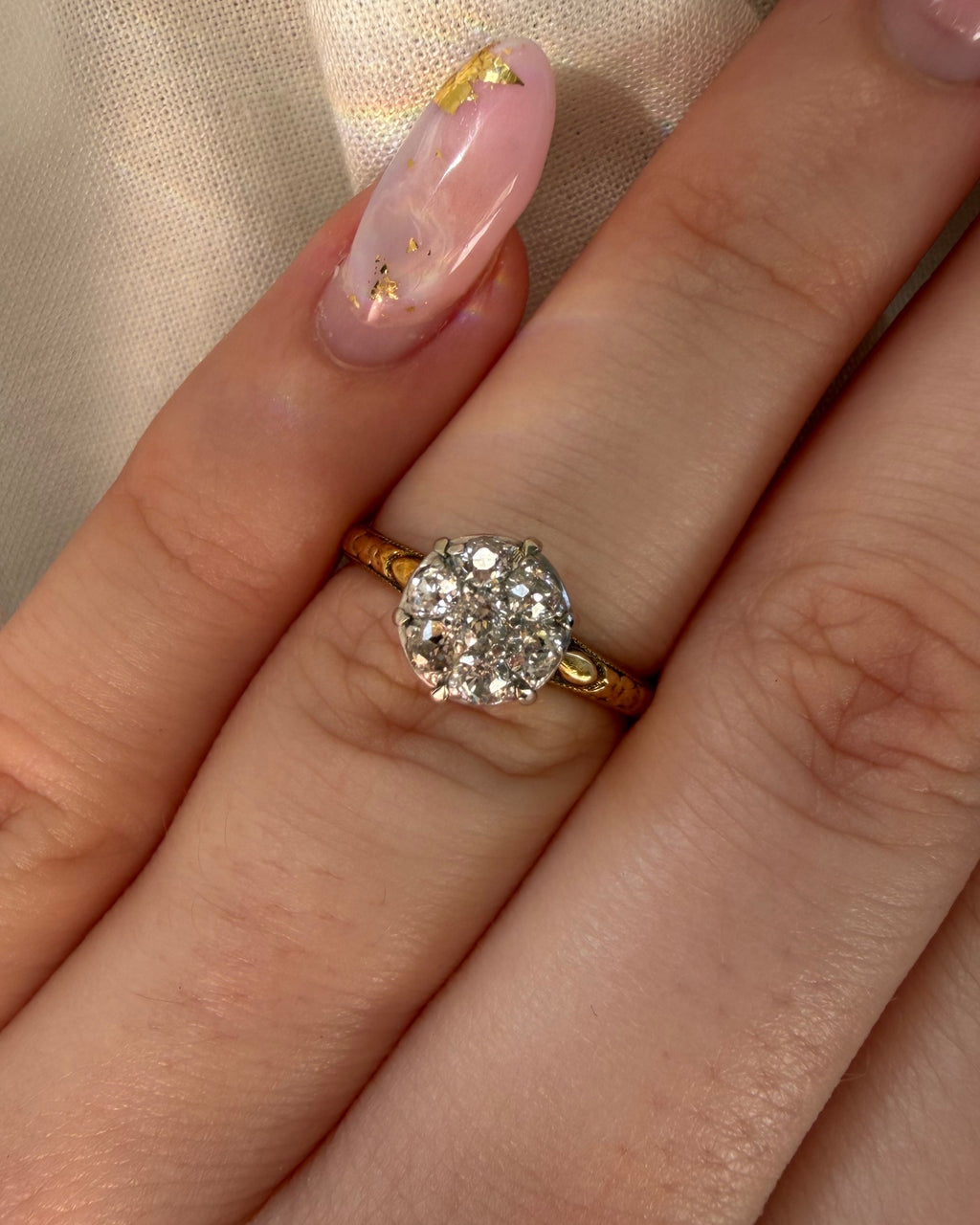 Edwardian Traub Mfg. Co. 18k and 14k Two-Tone Gold and Diamond Cluster Ring