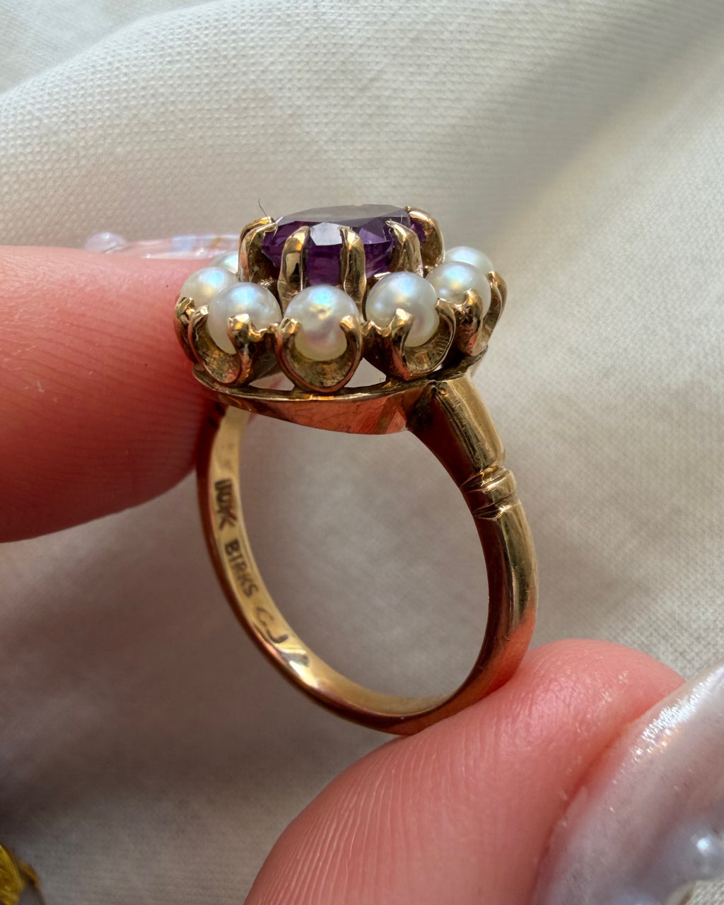 Mid-Century Birks 10k Yellow Gold Synthetic Color Change Sapphire and Pearl Cluster Ring