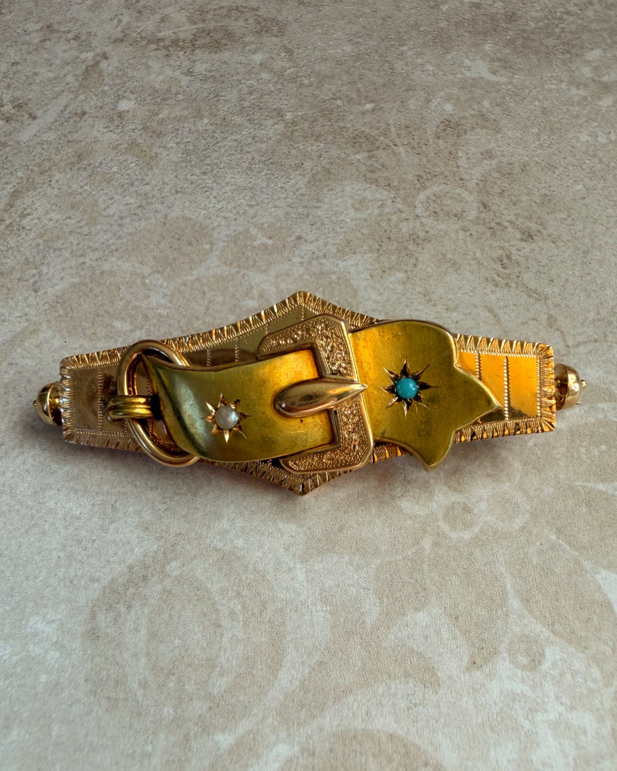 Victorian 14k Bloomed Two-Tone Gold, Turquoise, and Pearl Buckle Brooch